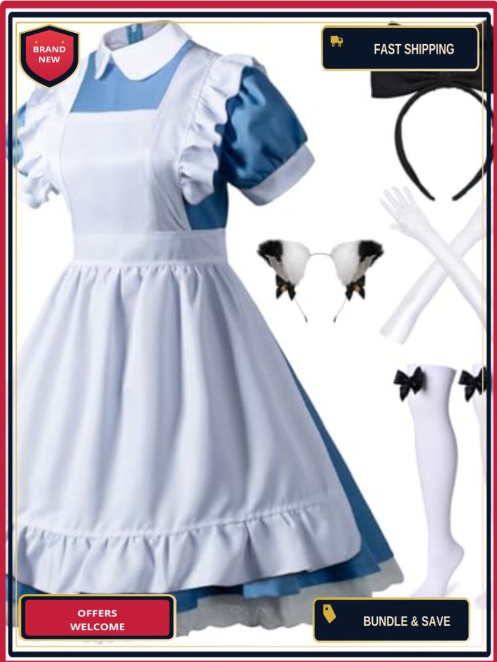Lolita French Maid Cosplay Costume Set 6pc Polyester Anime Outfit